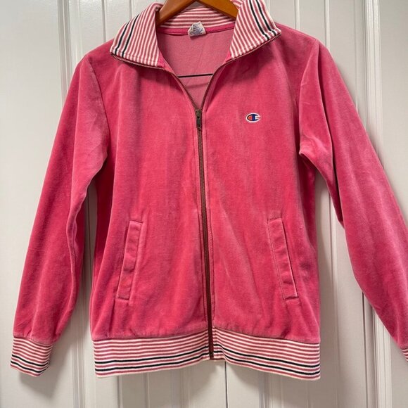 Vintage Champion Plush Velour Zip-Up Track Jacket Pink - Picture 2 of 12